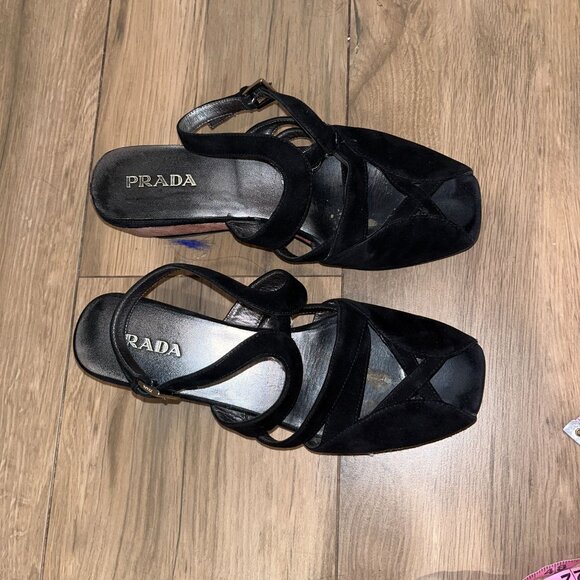 Prada Black Wedge Sandals Platform Peep Toe Shoes 39 Womens - Picture 2 of 6